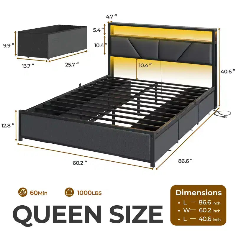 Queen Size Bed Frame with 6 Storage Drawers Charging Station LED Lights Upholstered Storage Headboard Metal Platform No Box Spring Needed