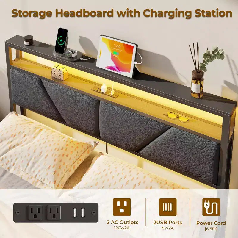 Queen Size Bed Frame with 6 Storage Drawers Charging Station LED Lights Upholstered Storage Headboard Metal Platform No Box Spring Needed