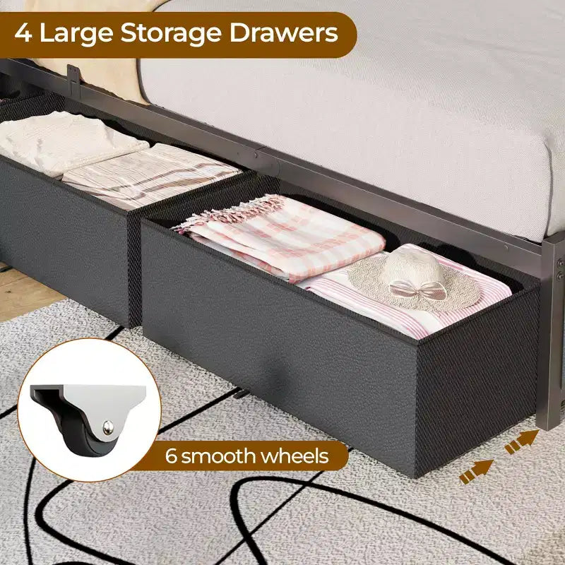 Queen Size Bed Frame with 6 Storage Drawers Charging Station LED Lights Upholstered Storage Headboard Metal Platform No Box Spring Needed
