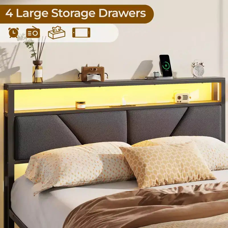 Queen Size Bed Frame with 6 Storage Drawers Charging Station LED Lights Upholstered Storage Headboard Metal Platform No Box Spring Needed
