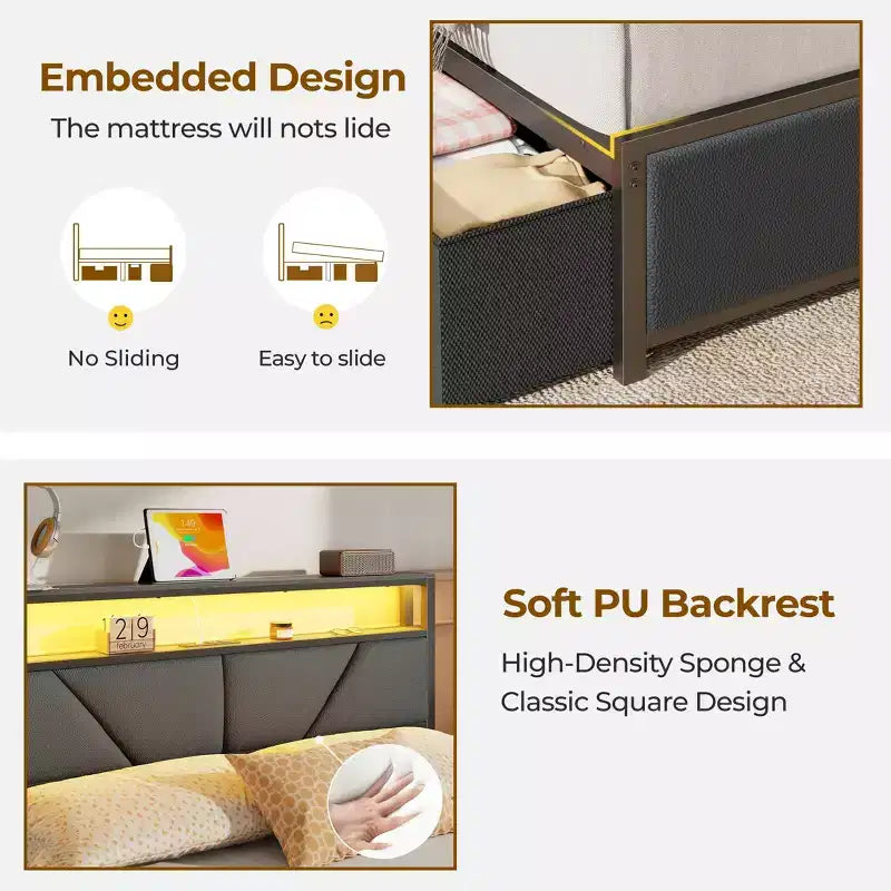 Queen Size Bed Frame with 6 Storage Drawers Charging Station LED Lights Upholstered Storage Headboard Metal Platform No Box Spring Needed