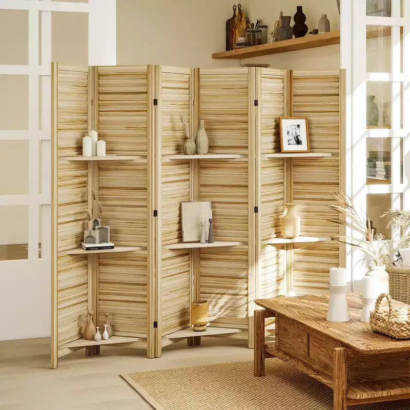 6 Panel 67 Tall Wood Privacy Screen Room Divider with 3 Shelves and Folding Storage for Bedroom