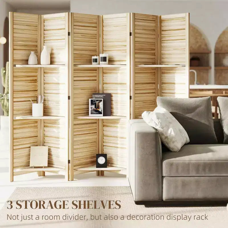 6 Panel 67 Tall Wood Privacy Screen Room Divider with 3 Shelves and Folding Storage for Bedroom