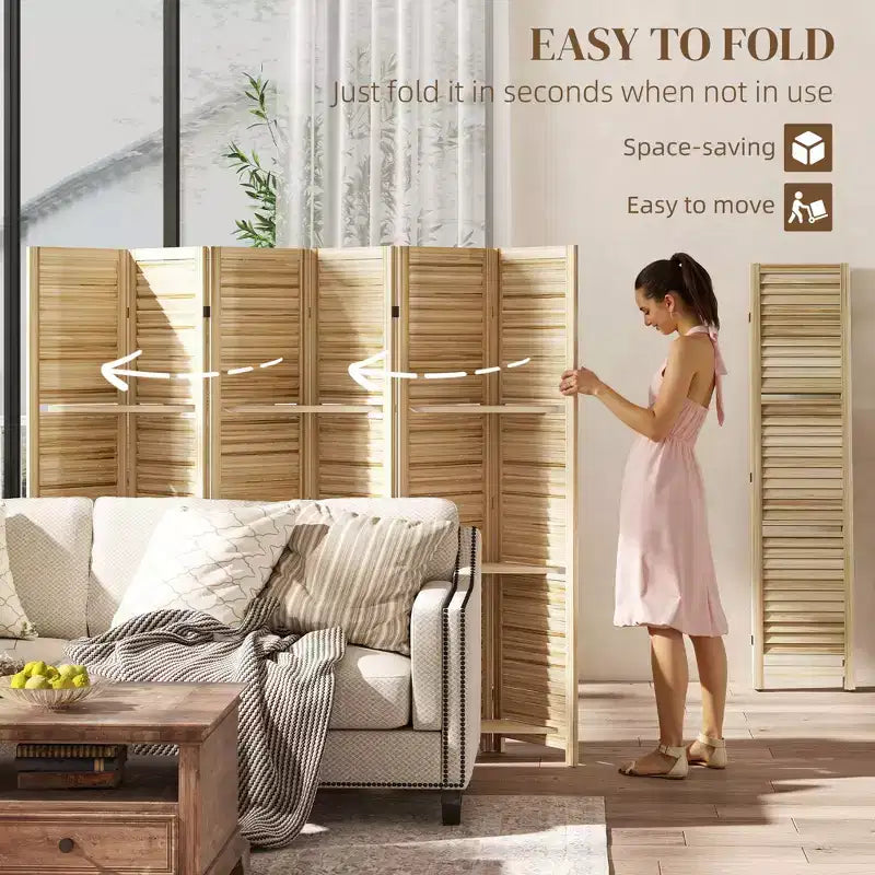 6 Panel 67 Tall Wood Privacy Screen Room Divider with 3 Shelves and Folding Storage for Bedroom
