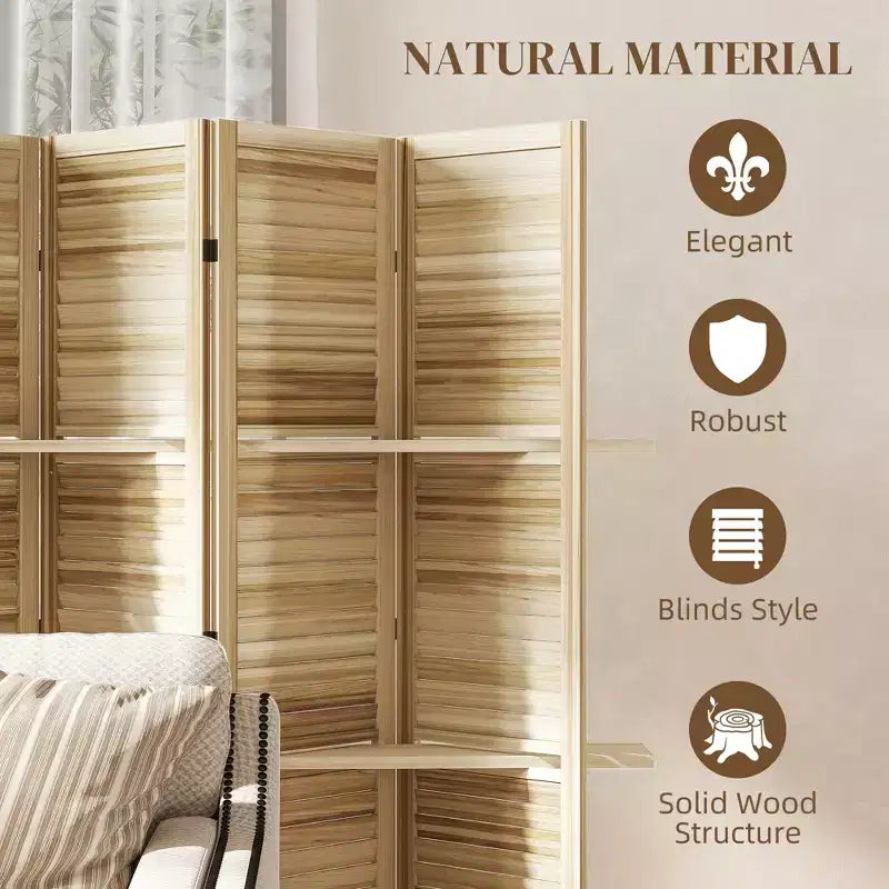 6 Panel 67 Tall Wood Privacy Screen Room Divider with 3 Shelves and Folding Storage for Bedroom