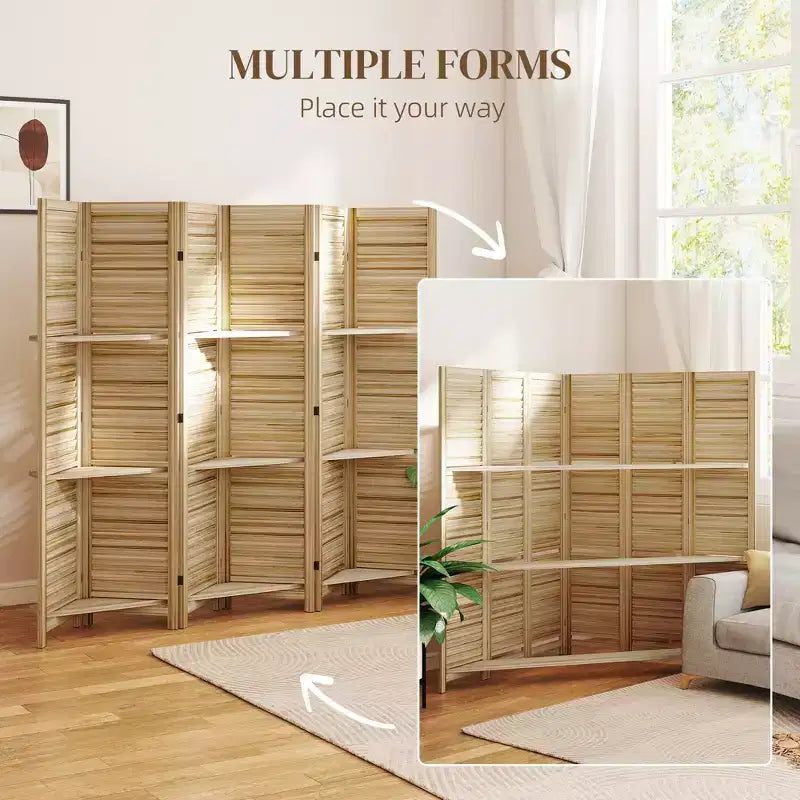 6 Panel 67 Tall Wood Privacy Screen Room Divider with 3 Shelves and Folding Storage for Bedroom