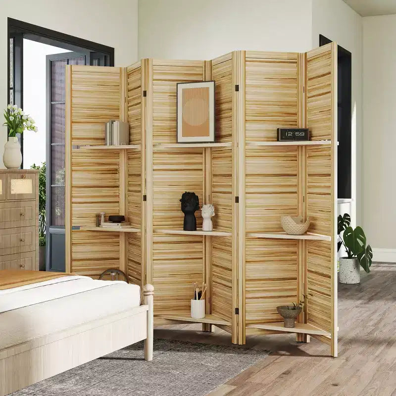 6 Panel 67 Tall Wood Privacy Screen Room Divider with 3 Shelves and Folding Storage for Bedroom