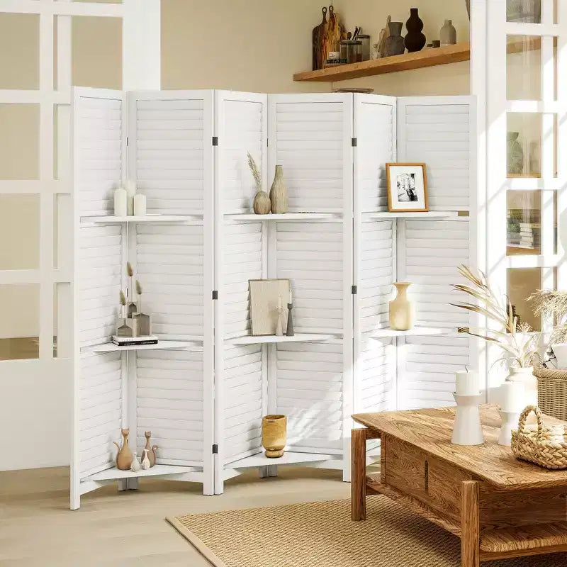 6 Panel 67 Tall Wood Privacy Screen Room Divider with 3 Shelves and Folding Storage for Bedroom