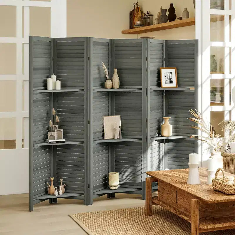6 Panel 67 Tall Wood Privacy Screen Room Divider with 3 Shelves and Folding Storage for Bedroom