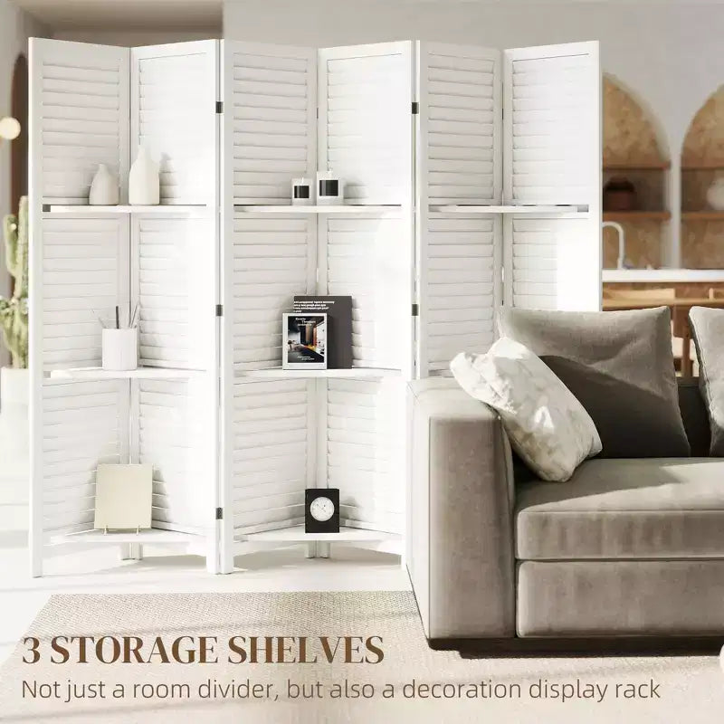 6 Panel 67 Tall Wood Privacy Screen Room Divider with 3 Shelves and Folding Storage for Bedroom
