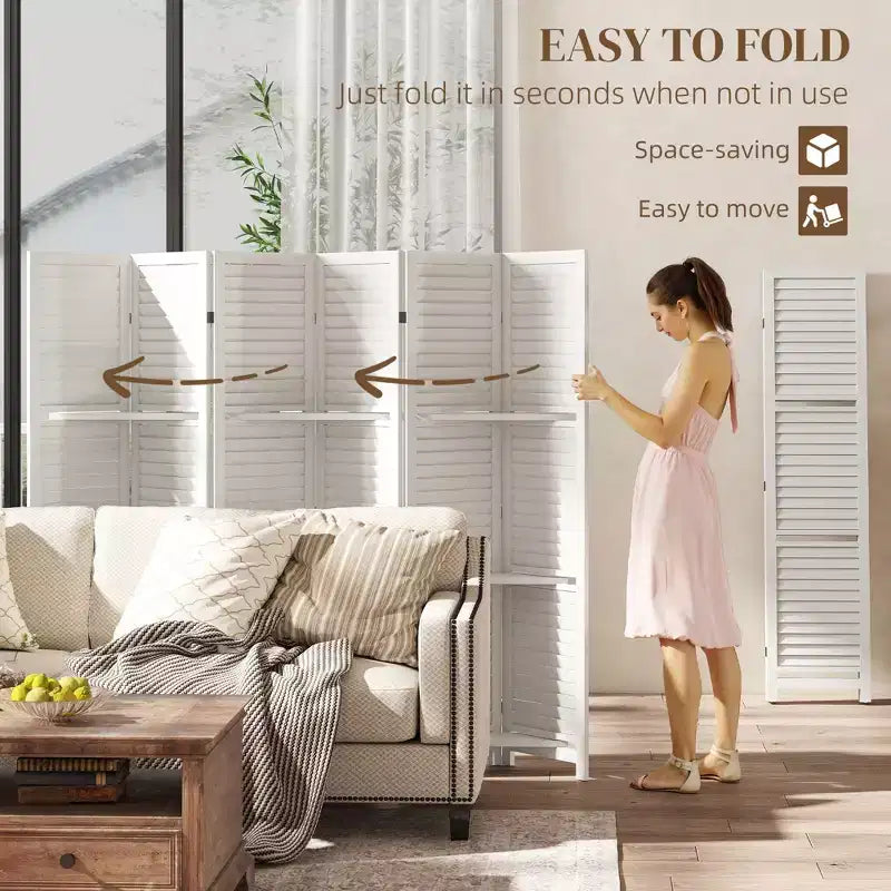 6 Panel 67 Tall Wood Privacy Screen Room Divider with 3 Shelves and Folding Storage for Bedroom