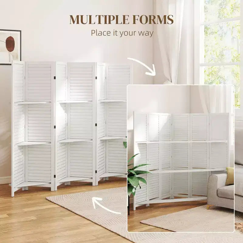 6 Panel 67 Tall Wood Privacy Screen Room Divider with 3 Shelves and Folding Storage for Bedroom