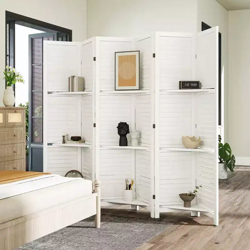 6 Panel 67 Tall Wood Privacy Screen Room Divider with 3 Shelves and Folding Storage for Bedroom