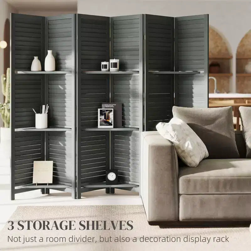 6 Panel 67 Tall Wood Privacy Screen Room Divider with 3 Shelves and Folding Storage for Bedroom