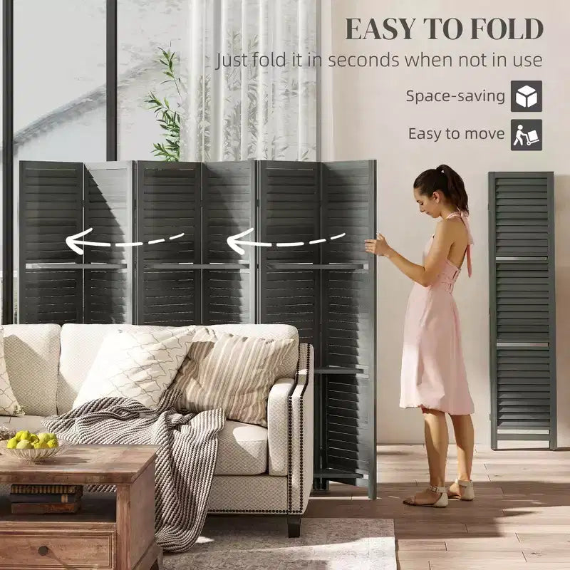 6 Panel 67 Tall Wood Privacy Screen Room Divider with 3 Shelves and Folding Storage for Bedroom