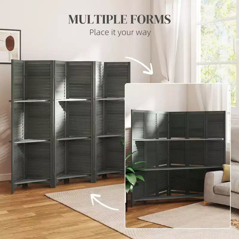 6 Panel 67 Tall Wood Privacy Screen Room Divider with 3 Shelves and Folding Storage for Bedroom