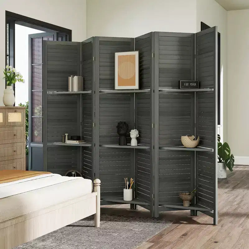 6 Panel 67 Tall Wood Privacy Screen Room Divider with 3 Shelves and Folding Storage for Bedroom