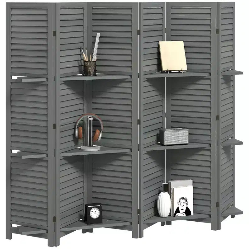 6 Panel 67 Tall Wood Privacy Screen Room Divider with 3 Shelves and Folding Storage for Bedroom
