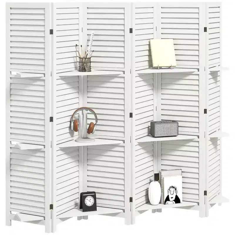 6 Panel 67 Tall Wood Privacy Screen Room Divider with 3 Shelves and Folding Storage for Bedroom