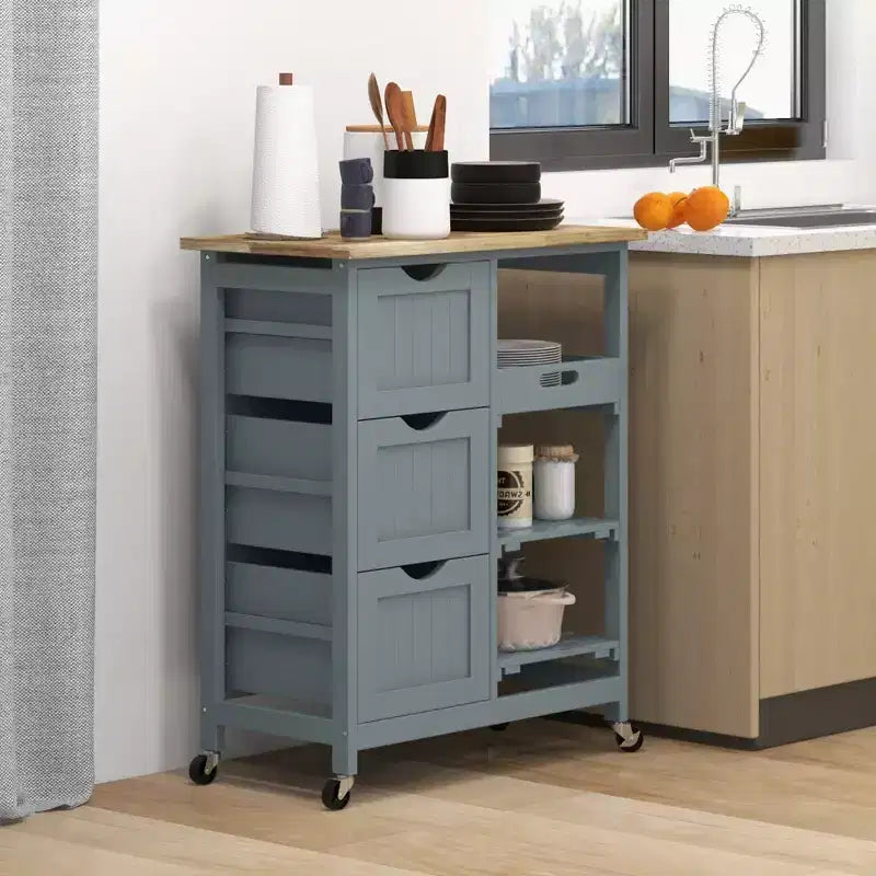 Rolling Kitchen Cart, Kitchen Island with Wood Top, Shelves & Drawers for Dining Area