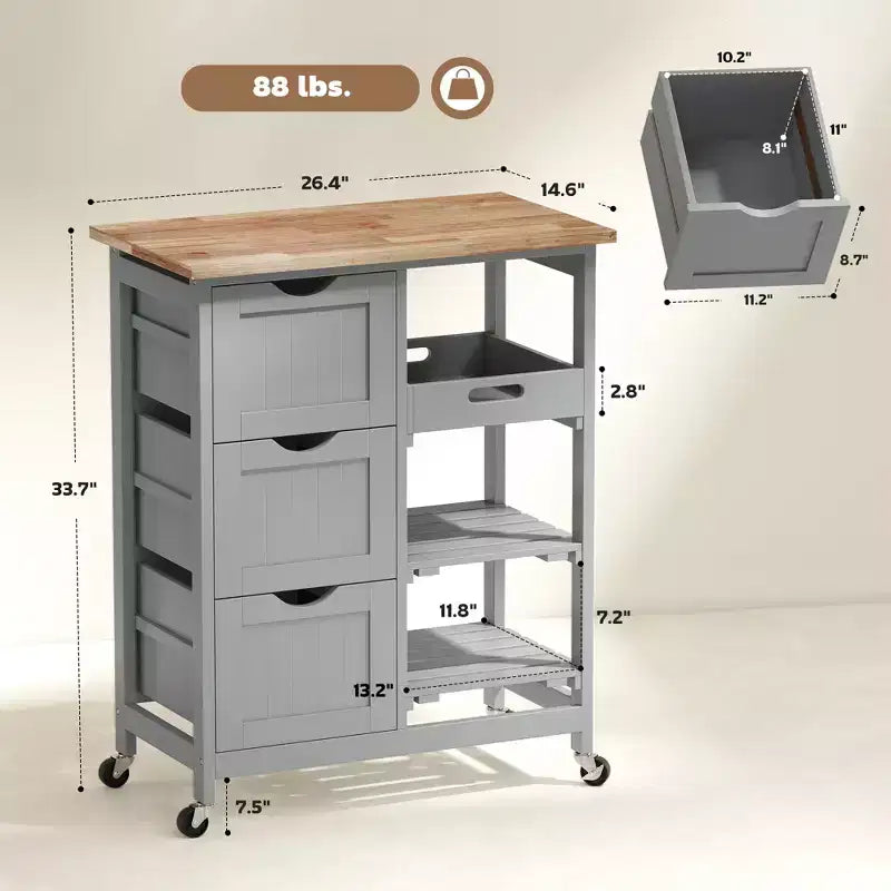 Rolling Kitchen Cart, Kitchen Island with Wood Top, Shelves & Drawers for Dining Area