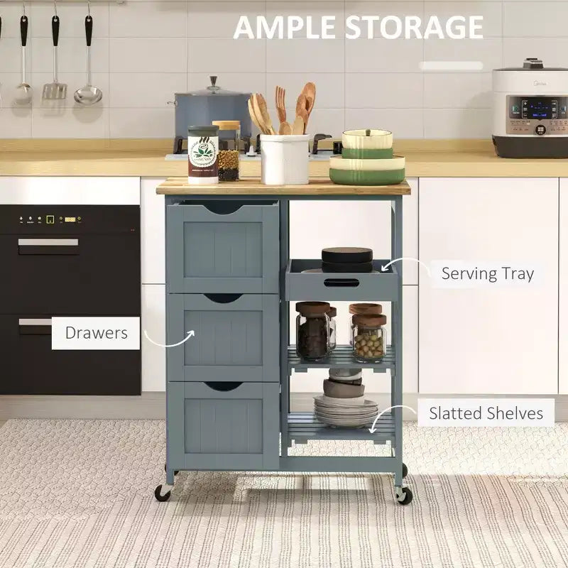 Rolling Kitchen Cart, Kitchen Island with Wood Top, Shelves & Drawers for Dining Area