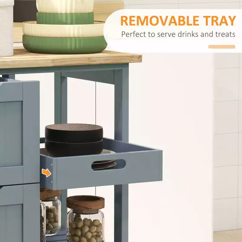 Rolling Kitchen Cart, Kitchen Island with Wood Top, Shelves & Drawers for Dining Area