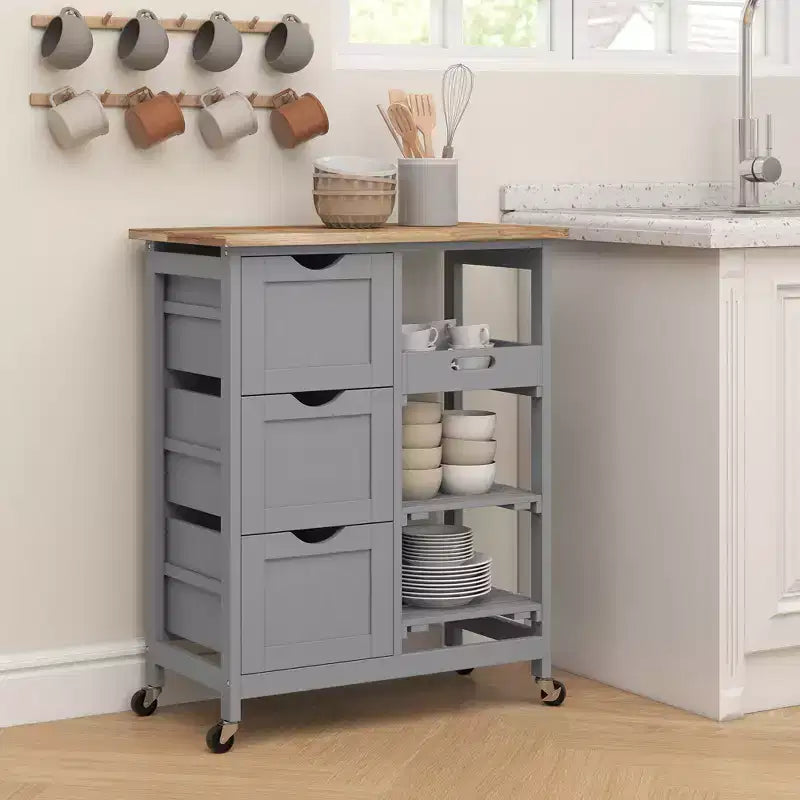 Rolling Kitchen Cart, Kitchen Island with Wood Top, Shelves & Drawers for Dining Area