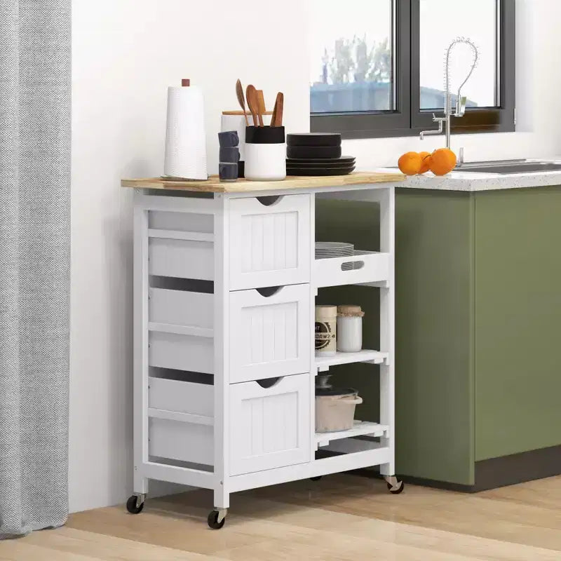 Rolling Kitchen Cart, Kitchen Island with Wood Top, Shelves & Drawers for Dining Area