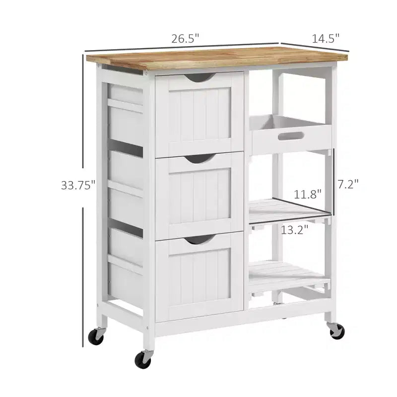 Rolling Kitchen Cart, Kitchen Island with Wood Top, Shelves & Drawers for Dining Area