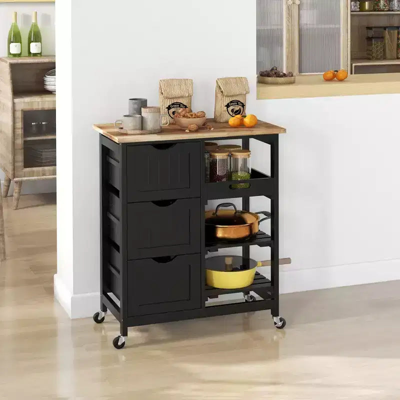Rolling Kitchen Cart, Kitchen Island with Wood Top, Shelves & Drawers for Dining Area
