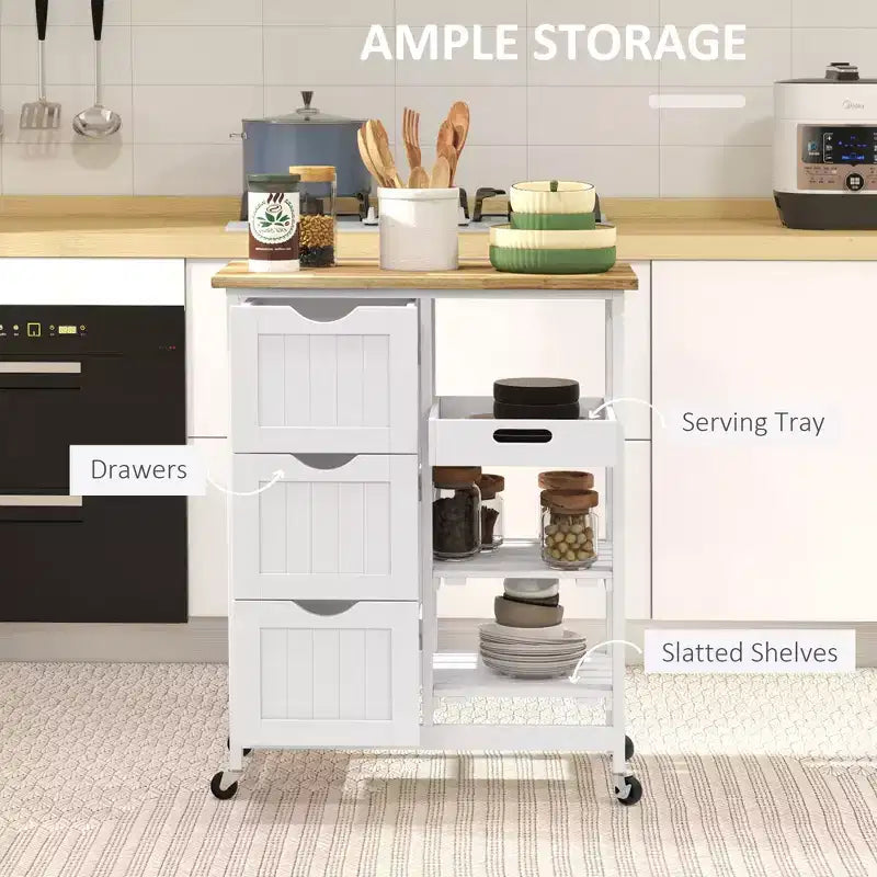 Rolling Kitchen Cart, Kitchen Island with Wood Top, Shelves & Drawers for Dining Area