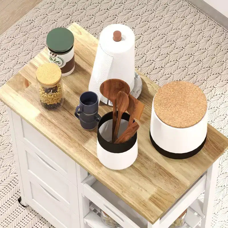 Rolling Kitchen Cart, Kitchen Island with Wood Top, Shelves & Drawers for Dining Area