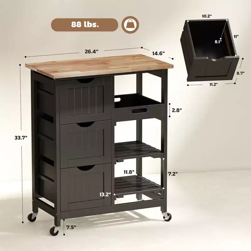 Rolling Kitchen Cart, Kitchen Island with Wood Top, Shelves & Drawers for Dining Area