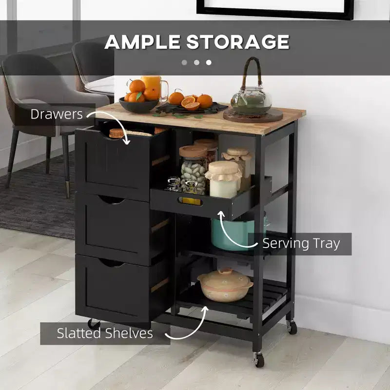 Rolling Kitchen Cart, Kitchen Island with Wood Top, Shelves & Drawers for Dining Area