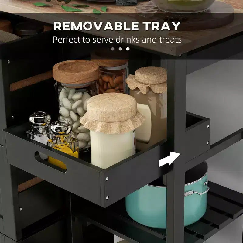 Rolling Kitchen Cart, Kitchen Island with Wood Top, Shelves & Drawers for Dining Area
