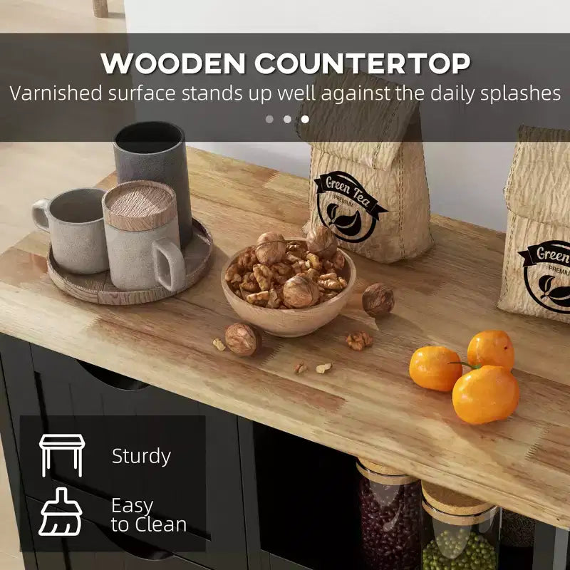 Rolling Kitchen Cart, Kitchen Island with Wood Top, Shelves & Drawers for Dining Area