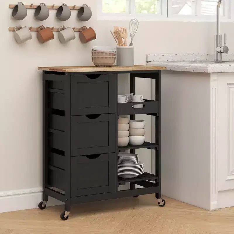 Rolling Kitchen Cart, Kitchen Island with Wood Top, Shelves & Drawers for Dining Area