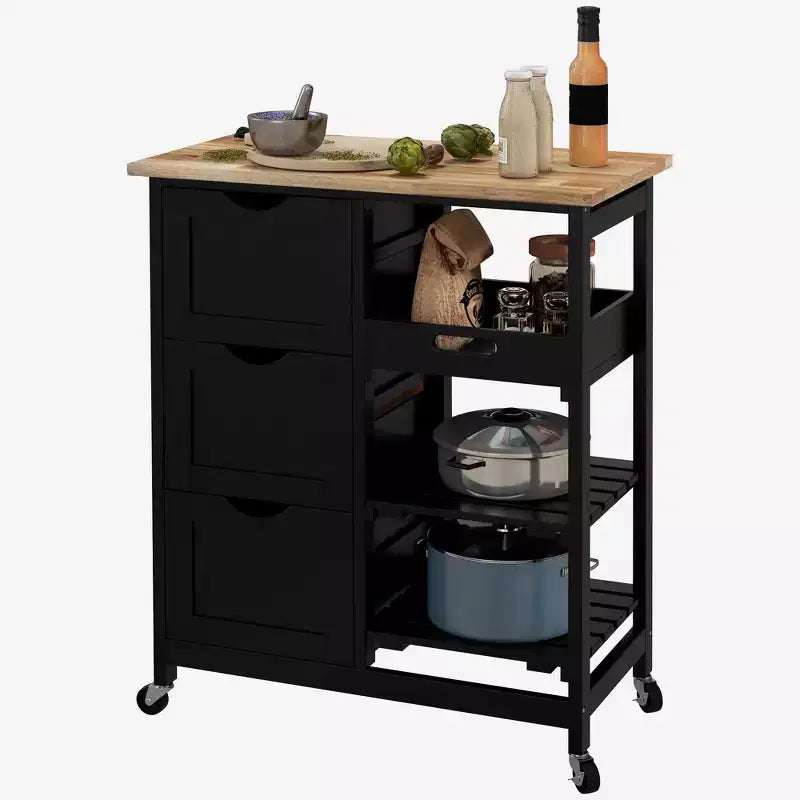 Rolling Kitchen Cart, Kitchen Island with Wood Top, Shelves & Drawers for Dining Area