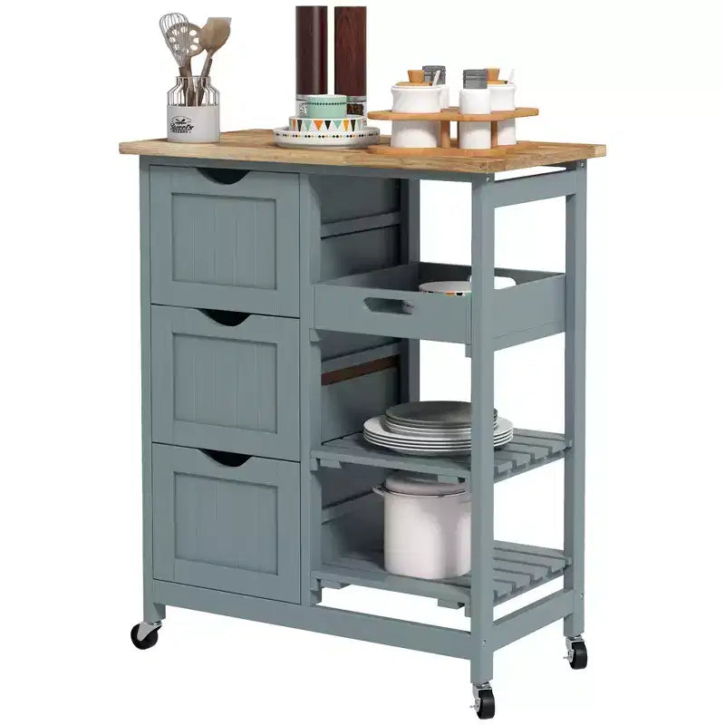 Rolling Kitchen Cart, Kitchen Island with Wood Top, Shelves & Drawers for Dining Area