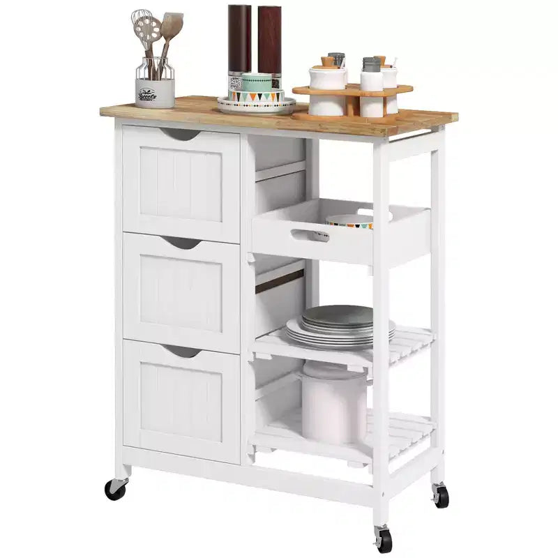 Rolling Kitchen Cart, Kitchen Island with Wood Top, Shelves & Drawers for Dining Area