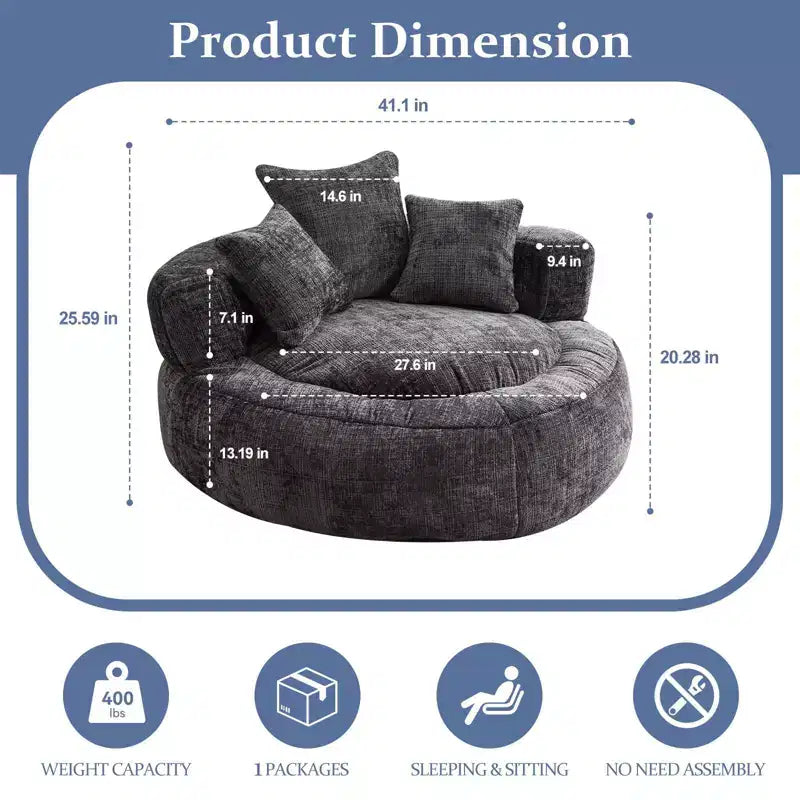 Efomao Round Ultra Soft Chenille Foam Bean Bag Chair - Oversized Comfy with Armrests & 3 Pillows - for Adults/Teens (Black)
