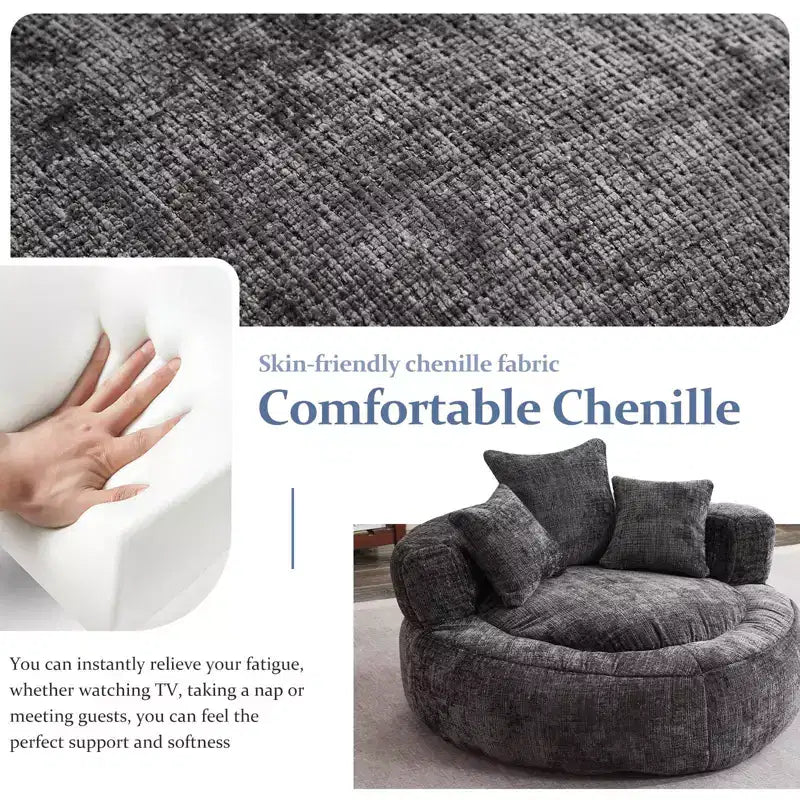 Efomao Round Ultra Soft Chenille Foam Bean Bag Chair - Oversized Comfy with Armrests & 3 Pillows - for Adults/Teens (Black)