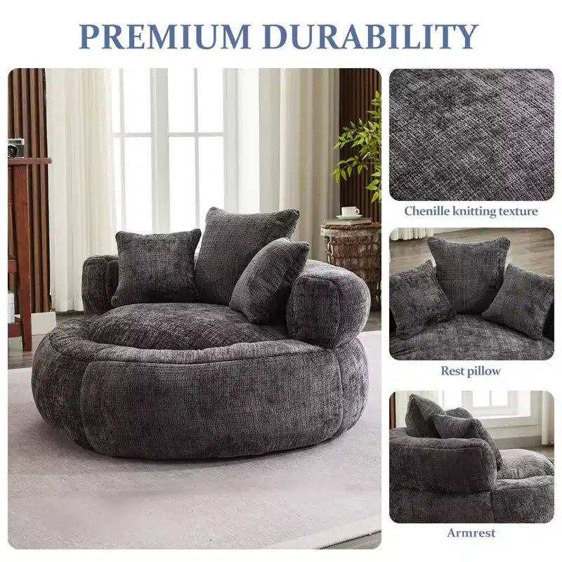 Efomao Round Ultra Soft Chenille Foam Bean Bag Chair - Oversized Comfy with Armrests & 3 Pillows - for Adults/Teens (Black)
