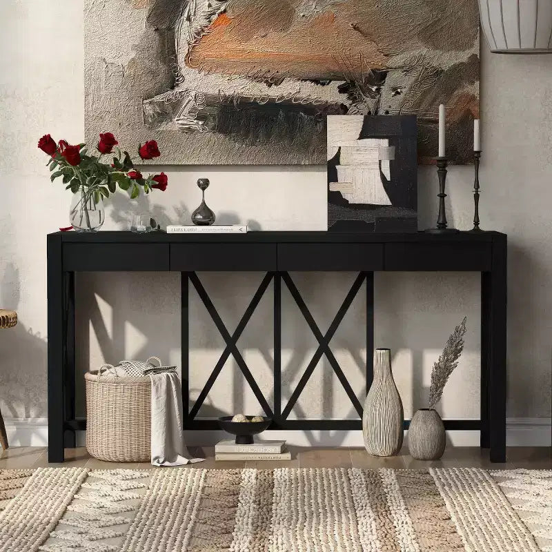 60 Farmhouse Entryway Console Table with 4 Drawers and Bottom Shelf, Sofa Table with X-Frame Design for Hallway or Dining Room - Panipeachy