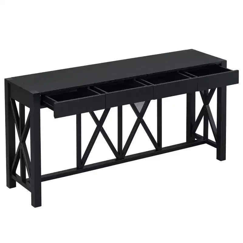 60 Farmhouse Entryway Console Table with 4 Drawers and Bottom Shelf, Sofa Table with X-Frame Design for Hallway or Dining Room - Panipeachy
