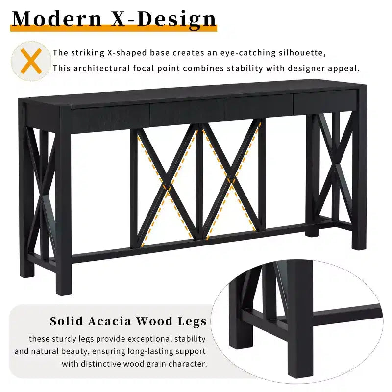 60 Farmhouse Entryway Console Table with 4 Drawers and Bottom Shelf, Sofa Table with X-Frame Design for Hallway or Dining Room - Panipeachy