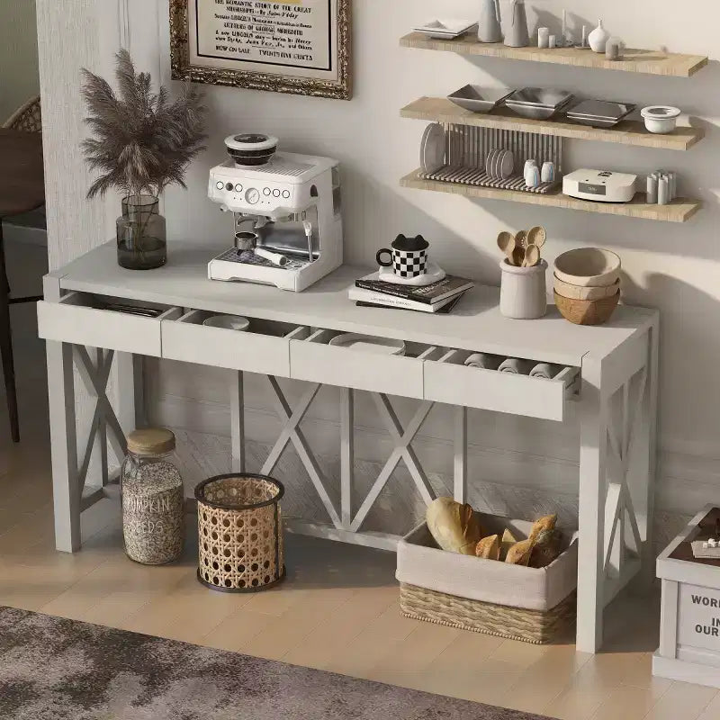 60 Farmhouse Entryway Console Table with 4 Drawers and Bottom Shelf, Sofa Table with X-Frame Design for Hallway or Dining Room - Panipeachy