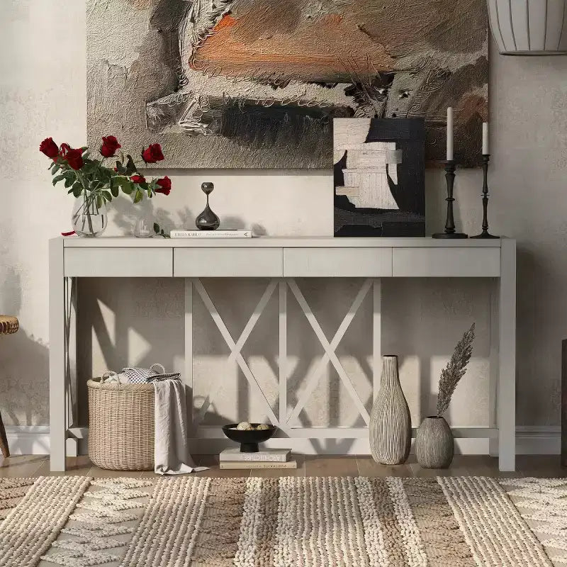 60 Farmhouse Entryway Console Table with 4 Drawers and Bottom Shelf, Sofa Table with X-Frame Design for Hallway or Dining Room - Panipeachy