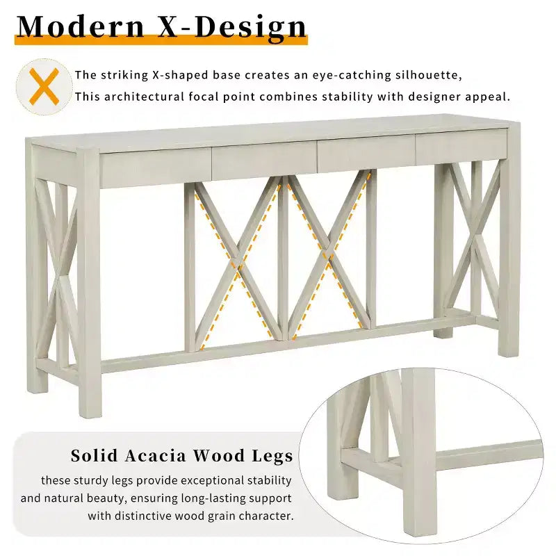 60 Farmhouse Entryway Console Table with 4 Drawers and Bottom Shelf, Sofa Table with X-Frame Design for Hallway or Dining Room - Panipeachy
